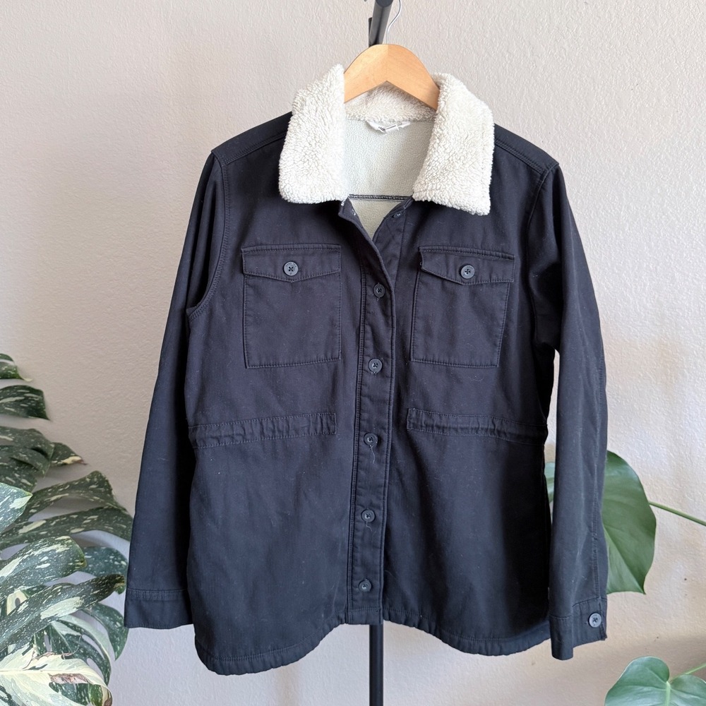 Hang Ten Womens Black Cotton Utility Jacket Sherpa Collar Fleece Lined Size L